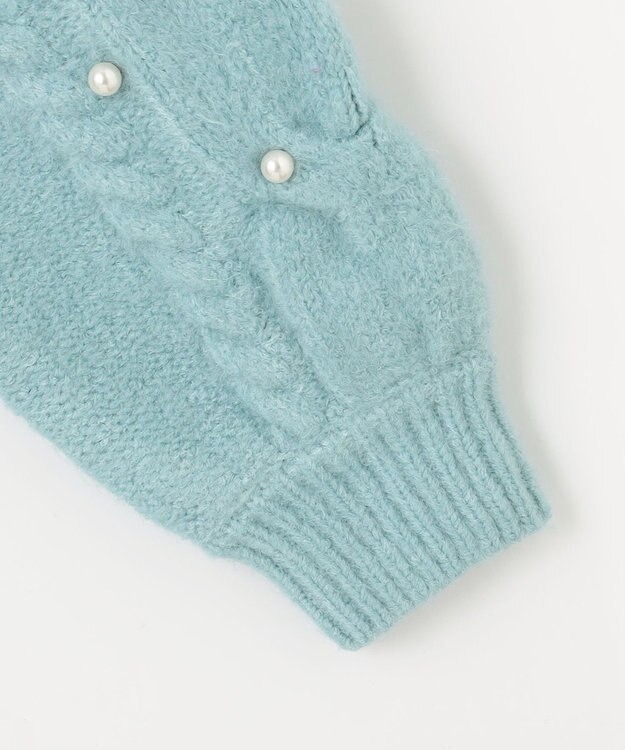 Feroux 【洗える】パールスリーブ ケーブルニット グリーン系