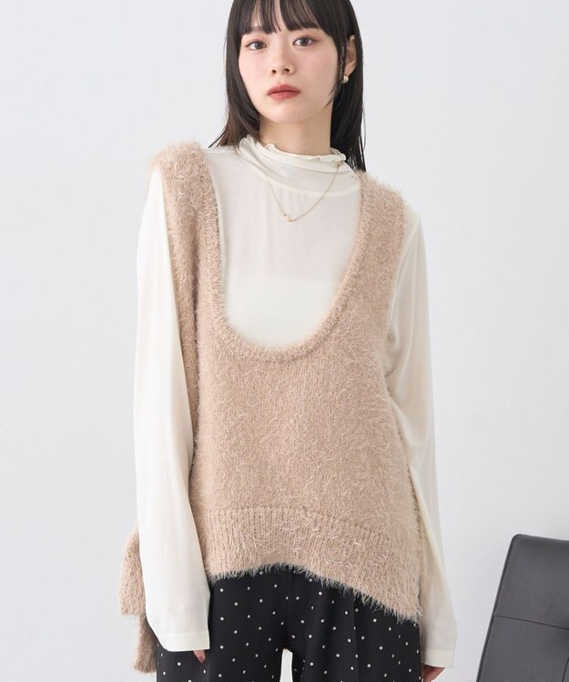 earth music&ecology フェザーUネックニットベスト Light Beige