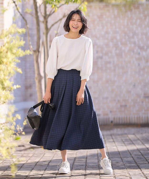 ANY 【ウエストゴム】ギンガムフレアスカート ネイビーギンガム