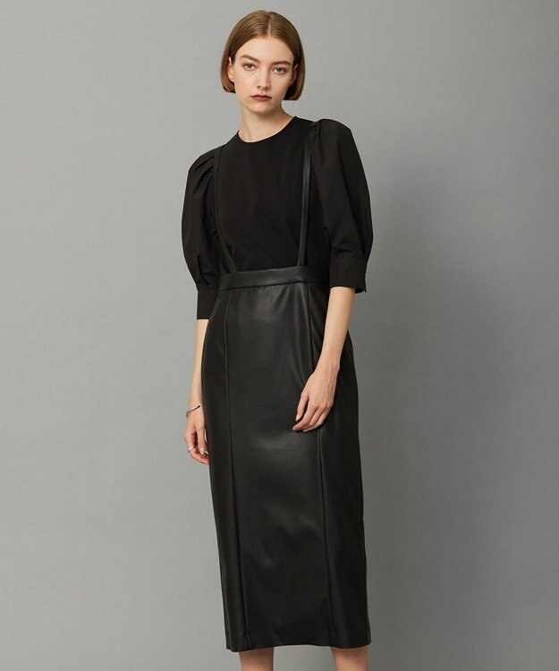 ICB フェイクレザー ナロースカート（サスペンダー付き） ブラック系