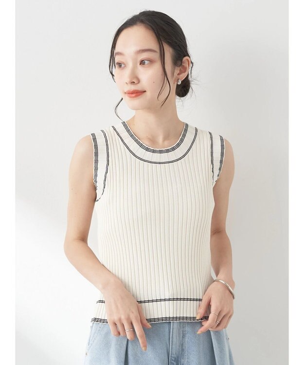 earth music&ecology ノースリーブラインニットプルオーバー Ivory