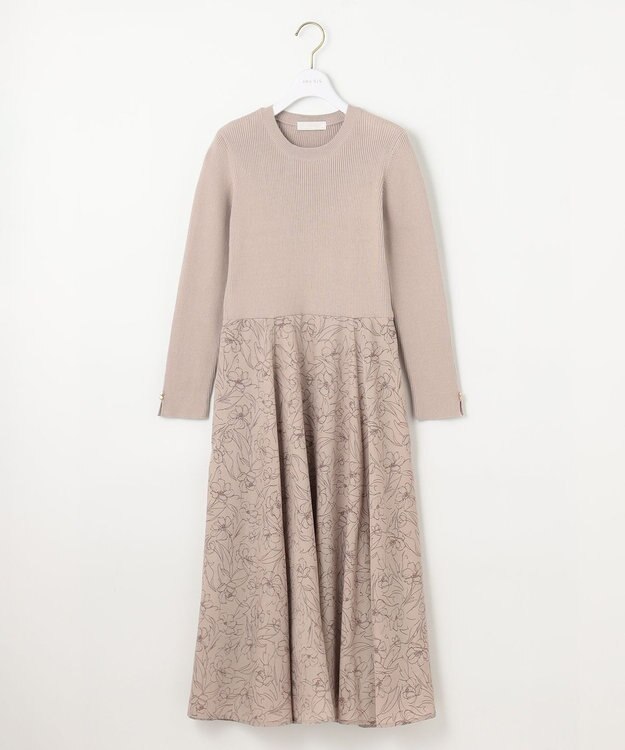 ANY SIS 【洗える】フラワープリントドッキング ワンピース ベージュ×ベージュ