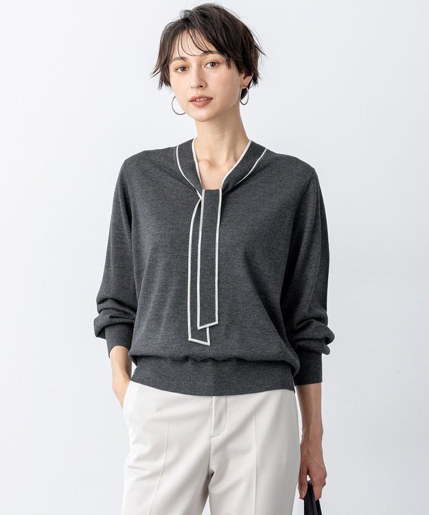 23区 【洗える】ウーステッドウール ボウタイ ニット グレー系