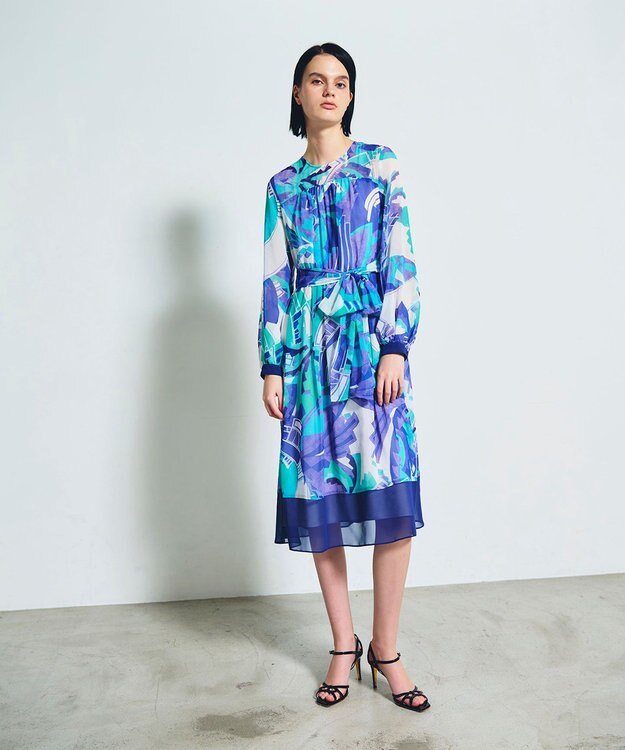 GRACE CONTINENTAL アールデコリゾートプリントワンピース ブルー