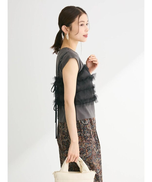 Green Parks ・ｓｗｉｎｇ　ｂｙ　ＳＥＴ２点チュールビスチェ＆フレンチＴ Charcoal Gray