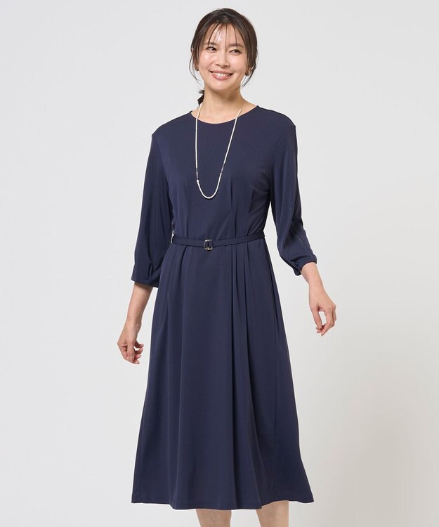 J.PRESS LADIES トリアセスムース フレア ワンピース ネイビー系