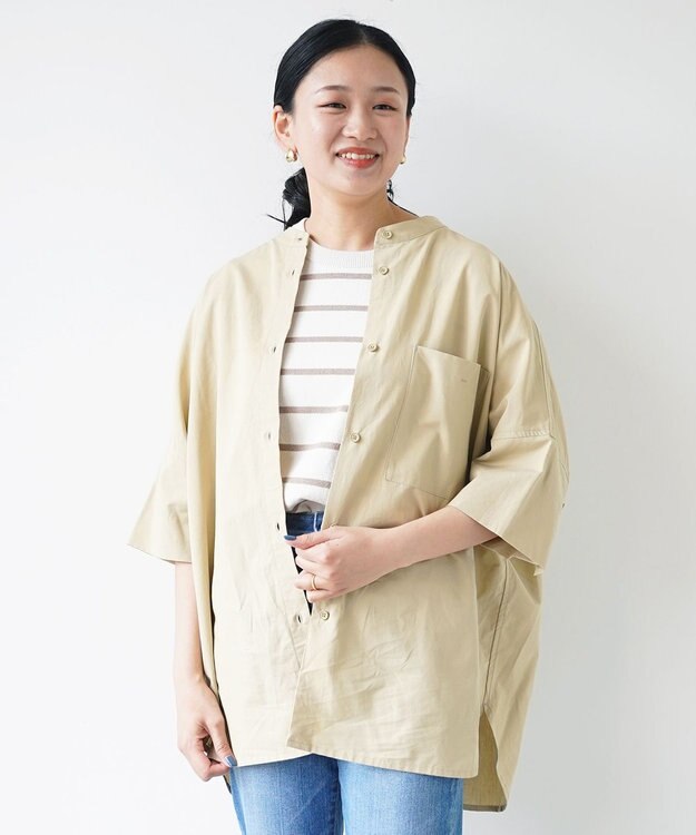 WHITE MAILS COTTON PAPER  POPLIN BAND COLLAR DOLMAN SLEEVE SHIRT　コットンポプリン 半袖シャツ ベージュ