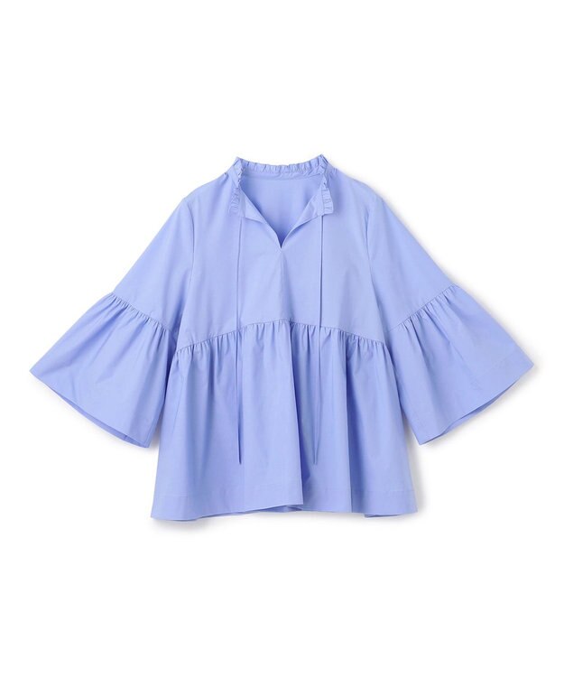 UNFILO コットンブロード フリルネックシャツ ブルー