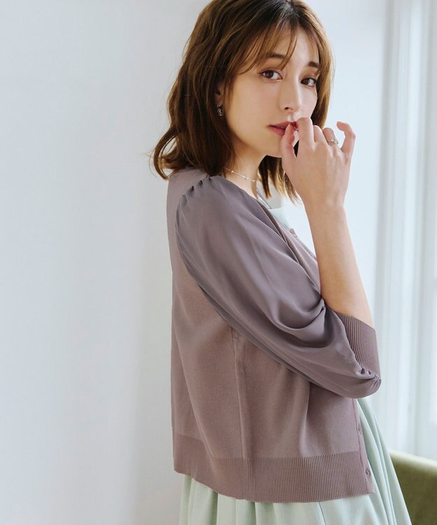 Tiaclasse L 【洗える】パフスリーブコンビカーディガン モカ