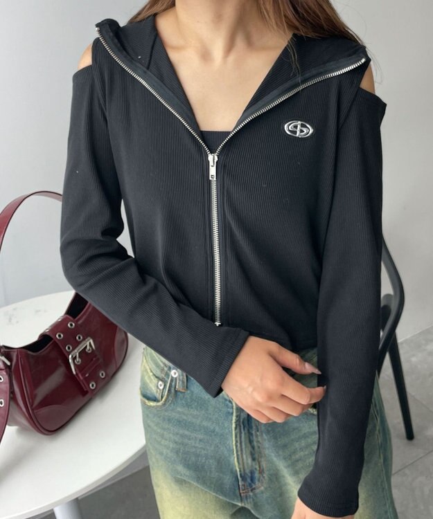 WEGO オープンショルダーダブルジップパーカー ブラック