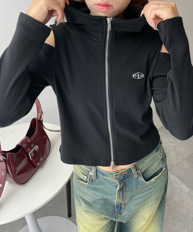 WEGO オープンショルダーダブルジップパーカー ブラック