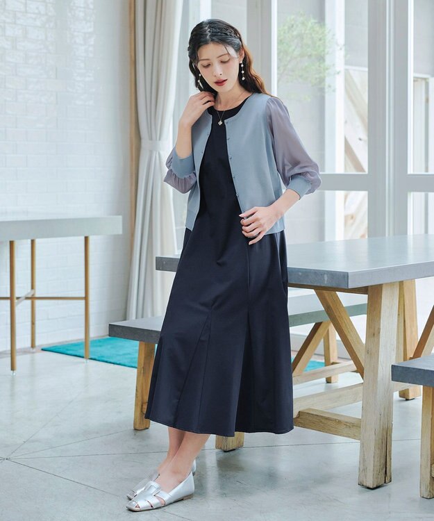 Tiaclasse L 【洗える】パフスリーブコンビカーディガン サックス