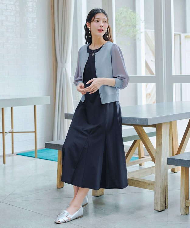 Tiaclasse L 【洗える】パフスリーブコンビカーディガン サックス