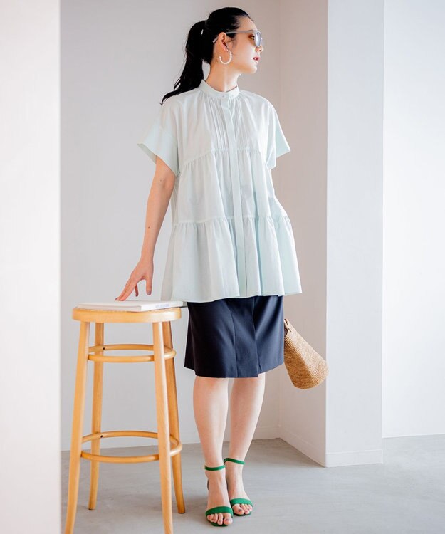 組曲 【洗える】ナチュラルローンギャザーフレア ブラウス スモーキーグリーン系