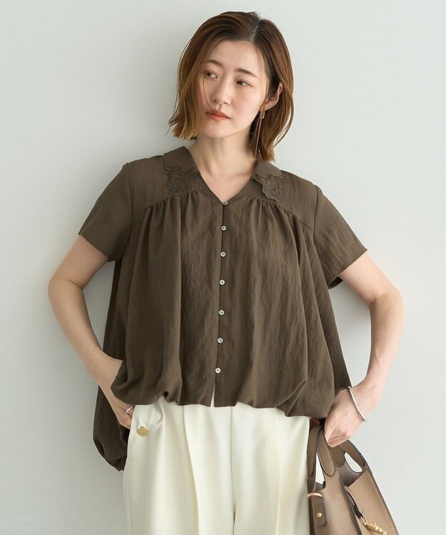 YECCA VECCA 刺繍カラーバルーンヘムブラウス Brown