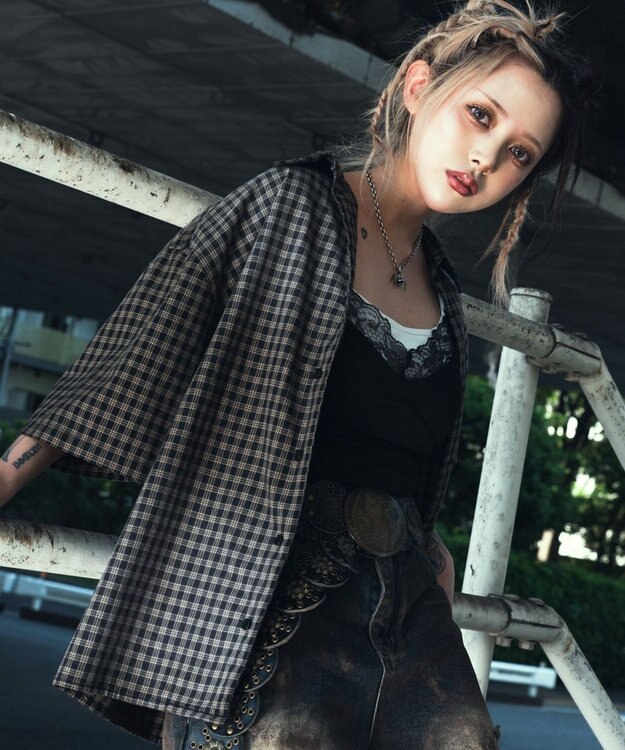 WEGO 【ユニセックス着用ITEM】ブリーチチェックロゴシャツ（SS） ブラックチェック1