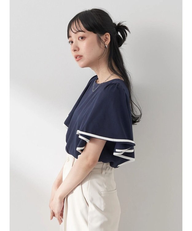 earth music&ecology パイピングフレアスリーブカットソー Navy