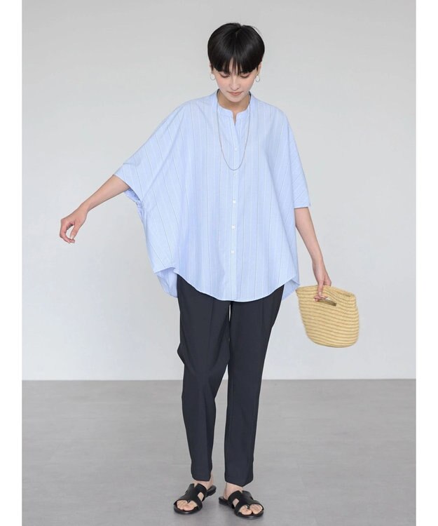 AMERICAN HOLIC 接触冷感＋ＵＶカット　ギャザースリーブブラウス Stripe Sax