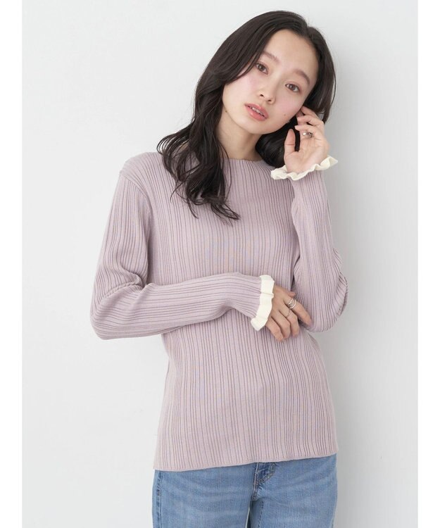 earth music&ecology 配色フリルニットプルオーバー Pink Beige