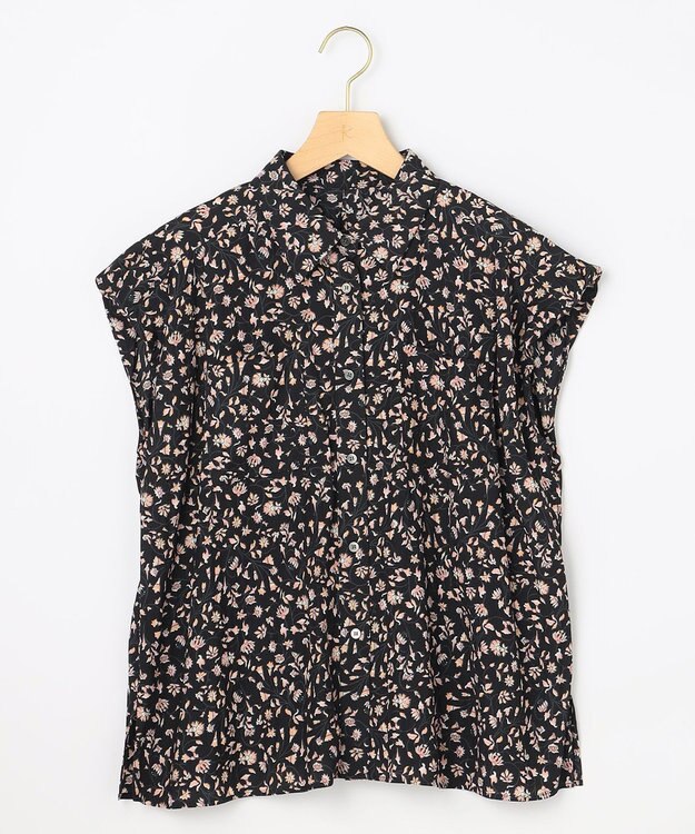 組曲 S ギャザーライトデシン ブラウス ブラック×ピンクフラワー系