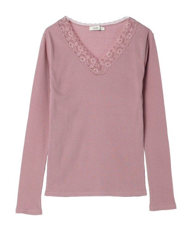 earth music&ecology レースＶネックテレコインナー Pink Beige