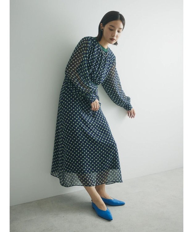 Green Parks armonia．ドットプリントパイピングワンピース Navy