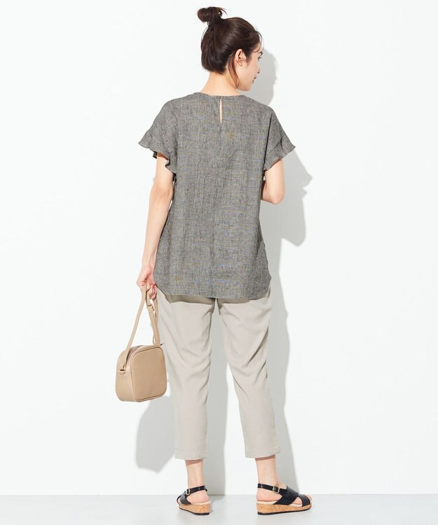 ANY 【洗える】ライトリネンクロスフレアスリーブ ブラウス グレンチェック