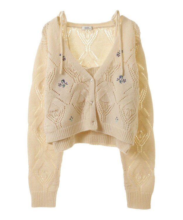 earth music&ecology ＳＥＴ２点刺繍ビスチェ＋カーディガン Ivory