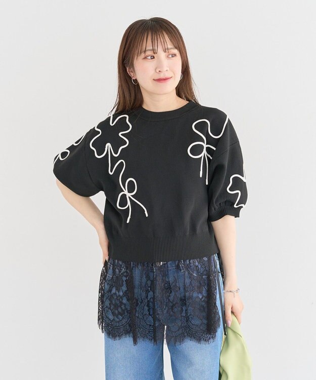 Green Parks ・ＥＬＥＮＣＡＲＥ　ＤＵＥ　ライン刺繍５分袖ニット Black