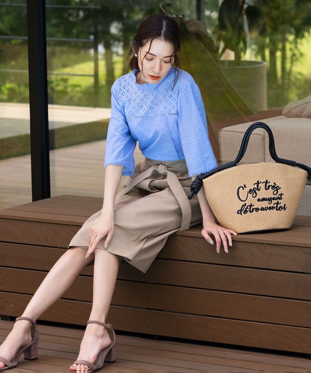 組曲 【ベルト付】リネン混オックスストレッチ キュロットパンツ ベージュ系