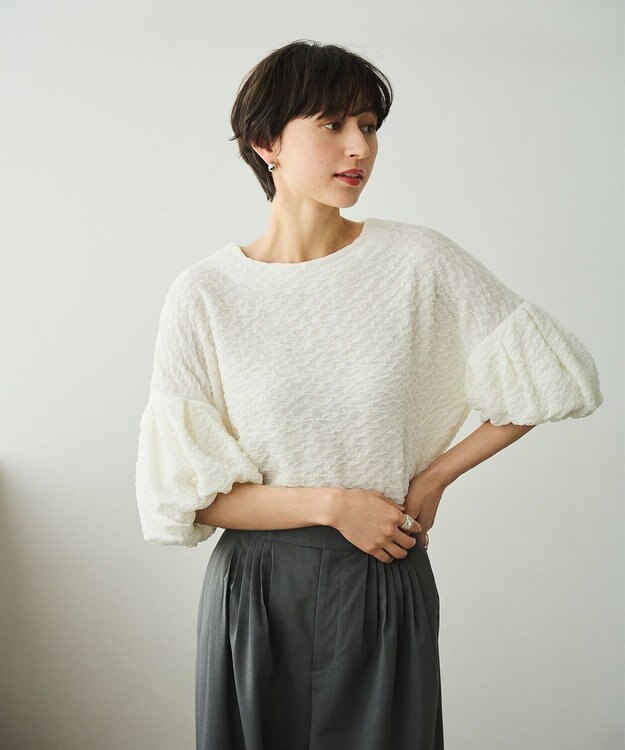 #Newans 【金子綾さんインスタライブご紹介アイテム】【洗える/セットアップ可能】ふくれジャガード パフスリーブブラウス ホワイト