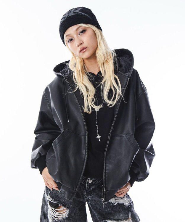 WEGO 【ユニセックス着用ITEM】PUフードブルゾン ブラック