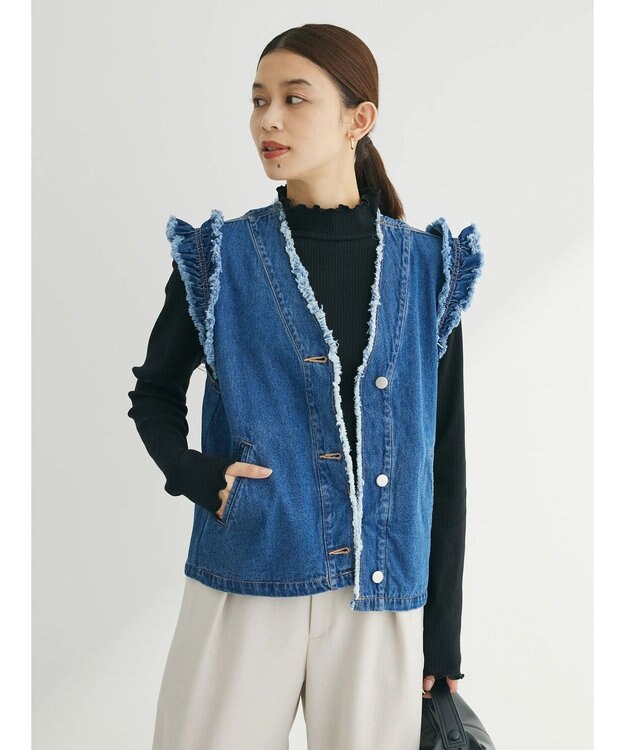 Green Parks ・Ｄｏｕｂｌｅ　Ｆｌａｇｓショルダーフリルデニムベスト Indigo