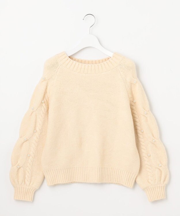 Feroux 【洗える】パールスリーブ ケーブルニット アイボリー系