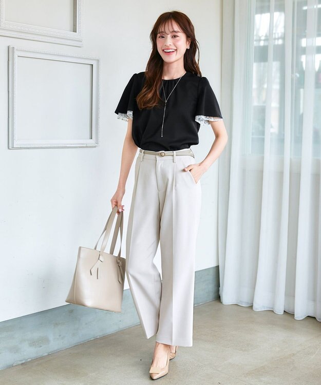 Tiaclasse 【洗える】袖レースレイヤードブラウス ブラック×オフ