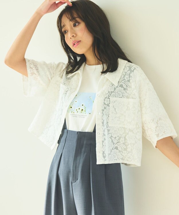 Feroux 【洗える】フラワーレース シャツ ホワイト系