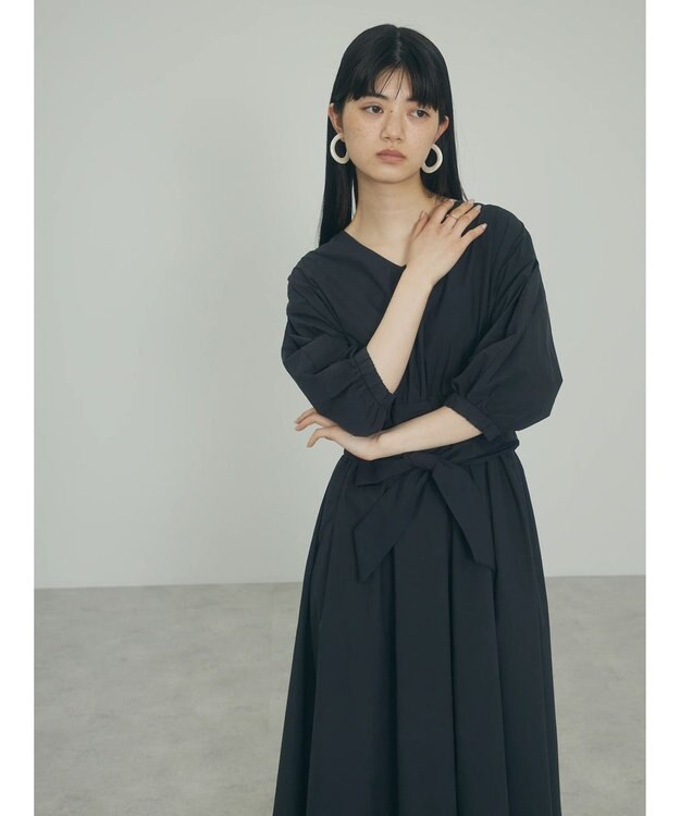 Green Parks ａ．ボリュームギャザーウエスト切替ワンピース Black