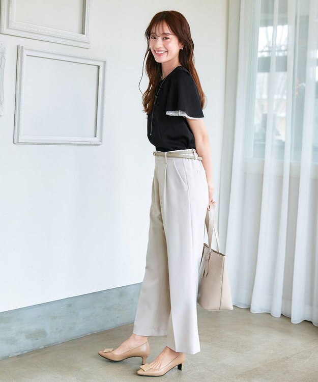 Tiaclasse 【洗える】袖レースレイヤードブラウス ブラック×オフ