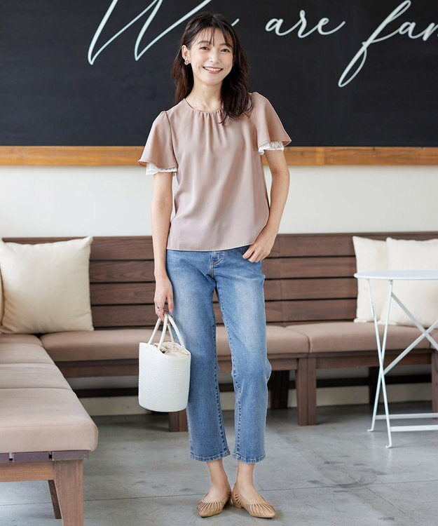 Tiaclasse 【洗える】袖レースレイヤードブラウス ベージュ