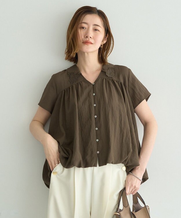 YECCA VECCA 刺繍カラーバルーンヘムブラウス Brown