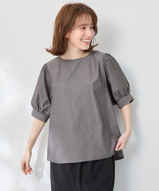 ANY 【抗菌防臭/速乾/手洗い可】エニィファンクション パフスリーブブラウス ブラックストライプ