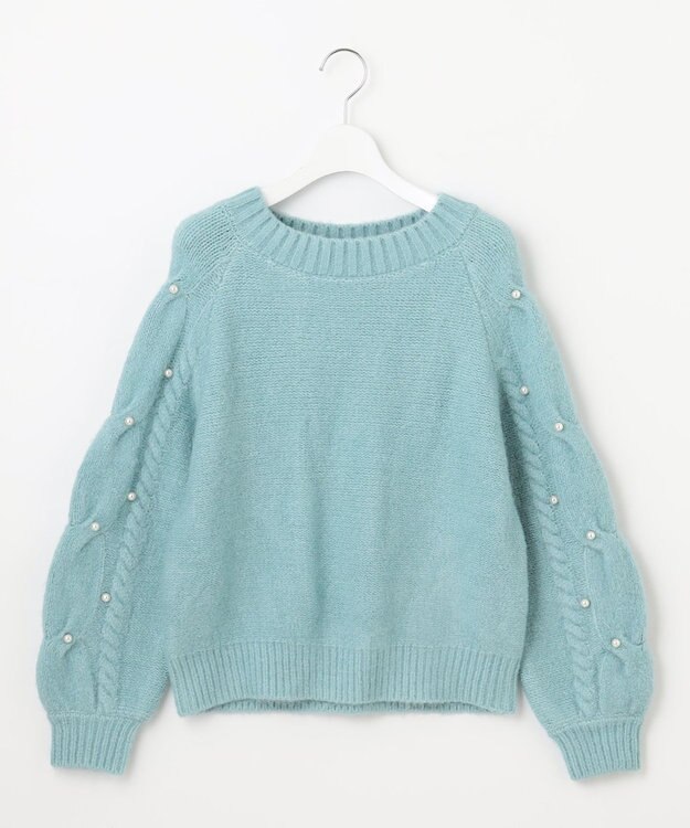 Feroux 【洗える】パールスリーブ ケーブルニット グリーン系