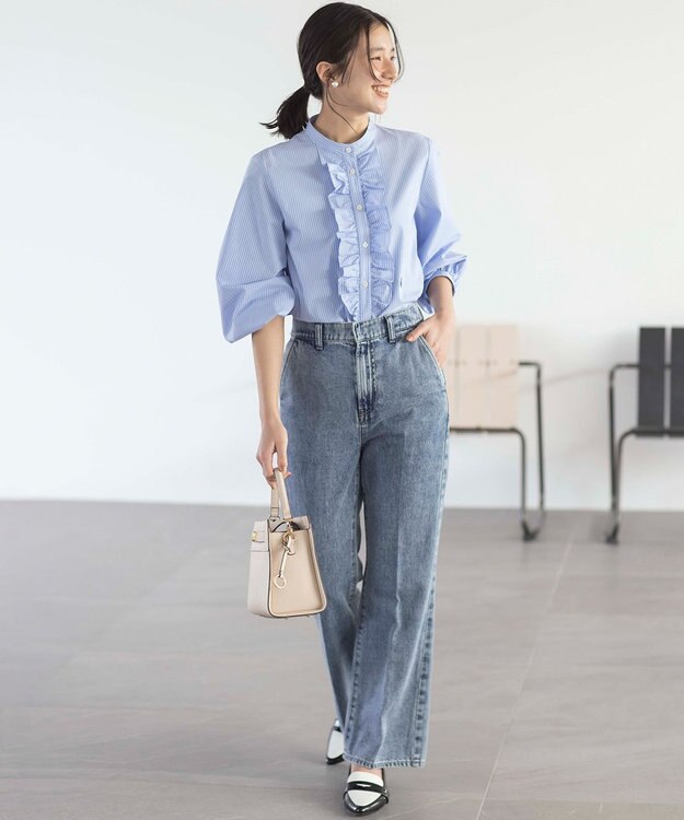 組曲 コンパクトシャーティング フリルブラウス スカイブルー系1