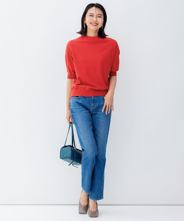 23区 L 【洗える/アンサンブル対応】ヴィスコースストレッチ 半袖 ニット レッド系