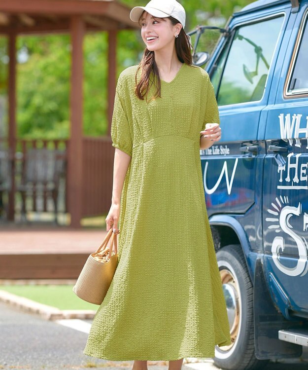 Tiaclasse 【新色追加・洗える】ワッフルVネックワンピース ライム