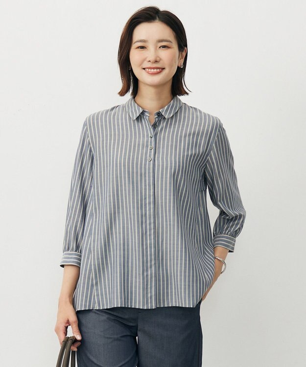 J.PRESS LADIES L 【洗える】ウォッシャブルキュプラツイル シャツ ネイビー×ホワイト系