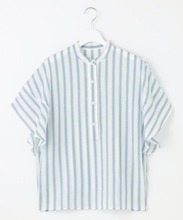 自由区 L 【洗える】テンセルリネンデザイン ブラウス オフ×ブルーストライプ