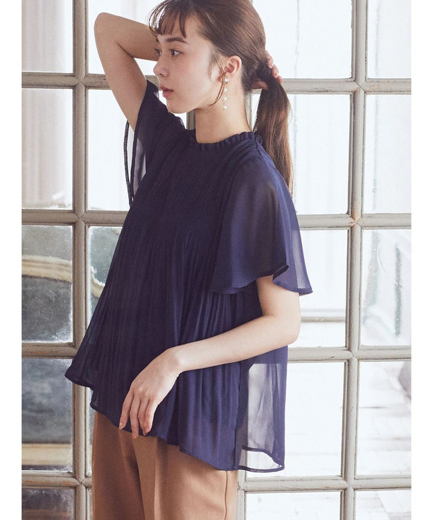 earth music&ecology マジョリカプリーツ半袖ブラウス Navy