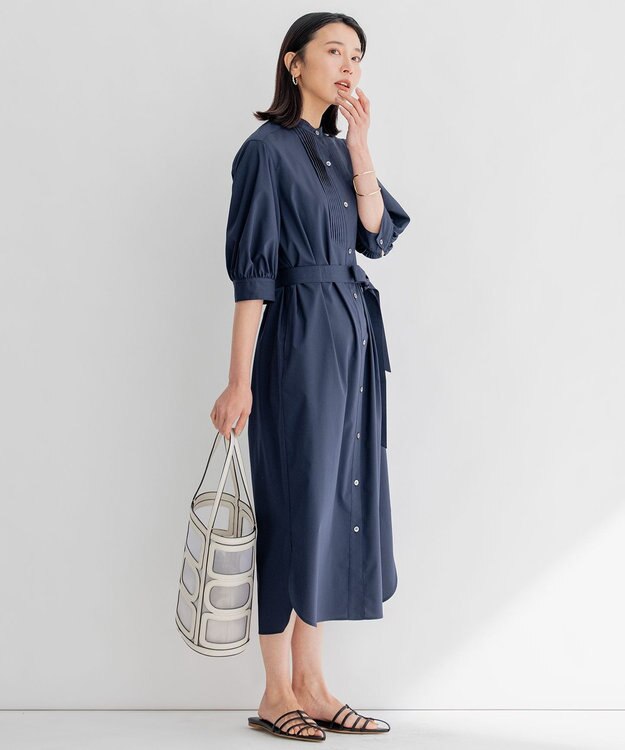 23区 L 【洗える】プレーンストレッチタフタ シャツ ワンピース ネイビー系