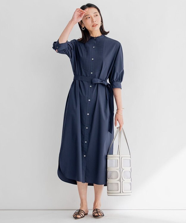 23区 【洗える】プレーンストレッチタフタ シャツ ワンピース ネイビー系